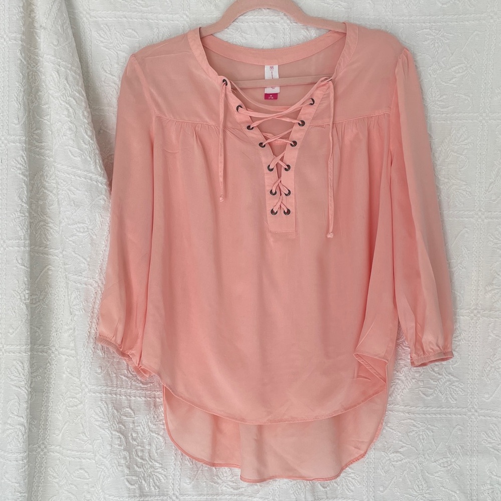 No Boundaries Peach Lace-Up V-Neck Blouse